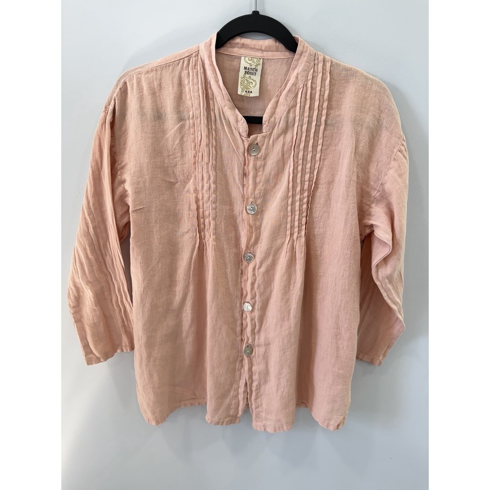 Match Point 100% Linen Blouse Small Pink Pintuck Button Front 3/4 Sleeve Top